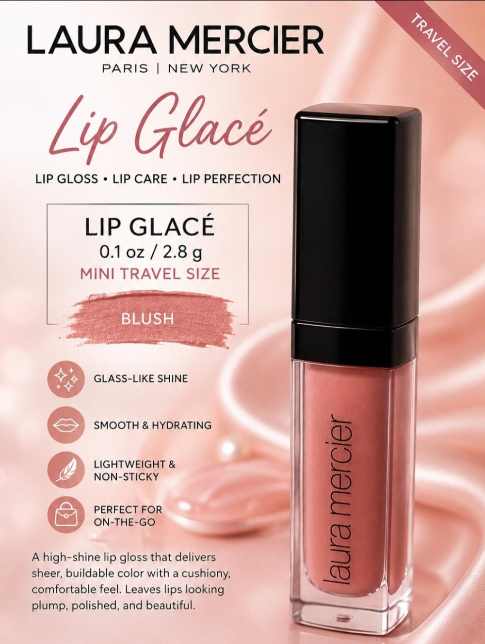 LAURA MERCIER Lip Glace 0.1 oz / 2.8 g BLUSH (MINI, Travel Size, Rare)